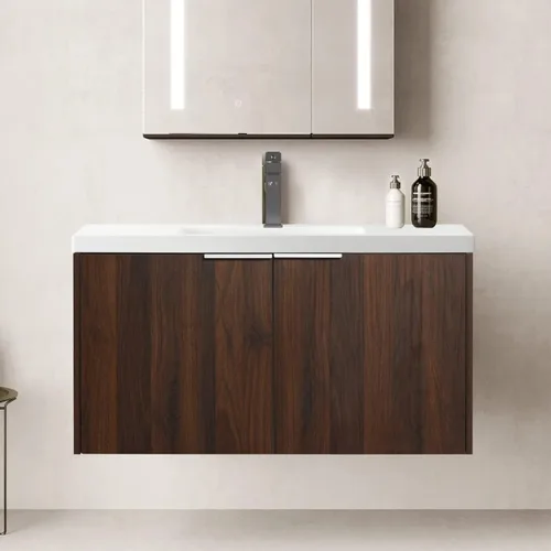 Vista 13 de SSLine Juego de tocador de baño montado en la pared con lavabo moderno de 24 pulgadas con lavabo superior y armario de almacenamiento, armario