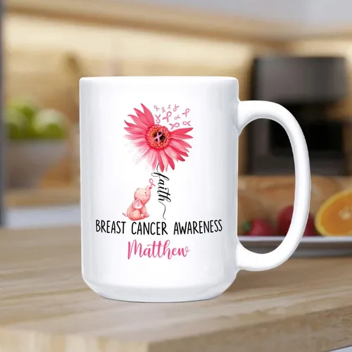 Vista 4 de Taza de café de concientización sobre el cáncer de mama con nombre personalizado, taza de café de 11 onzas, taza de té de cerámica blanca