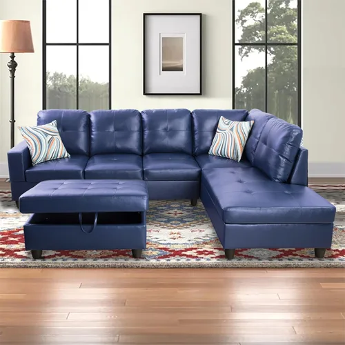 Vista 19 de Sofá modular para sala de estar, sofá seccional de cuero marrón en forma de L con diván y otomano de almacenamiento para sala de estar, B- marrón