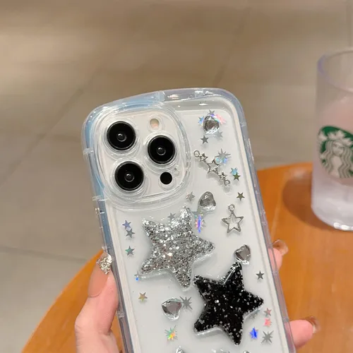 Vista 2 de Compatible con iPhone 11 Pro Funda Transparente Bonita con Diseño de Estrella con Purpurina en 3D con Perlas y Pulsera de Perlas, Diseño de Cadena