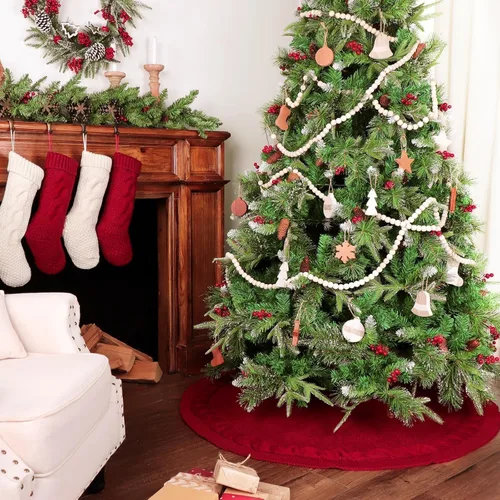 Vista 6 de Falda de árbol de Navidad de 48 pulgadas: falda de árbol de punto de cable para árbol de 7.5 pies, falda de árbol rojo vino, faldas de árbol