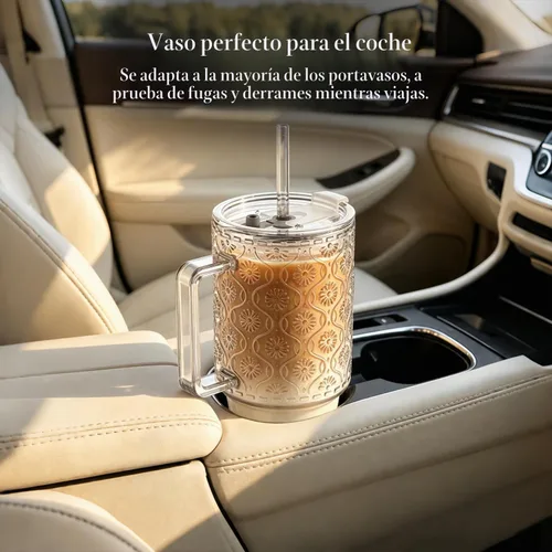 Vista 9 de KEMORELA Vaso de vidrio acanalado de 24 onzas con asa y tapa, tazas de café 24oz-Begonia
