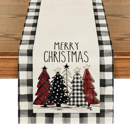 Vista 19 de Artoid Mode Acuarela a Cuadros Buffalo Árboles de Navidad Feliz Navidad Camino de Mesa, Decoración de Mesa de Cocina y Comedor de Temporada