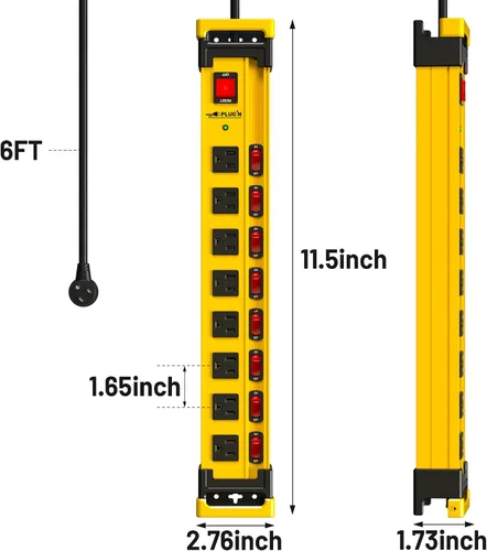 Vista 7 de Plug'n Regleta de Corriente Larga de 8 Tomas, Protector contra Sobretensiones de 2700J con Interruptores Individuales, Ampliamente Espaciada