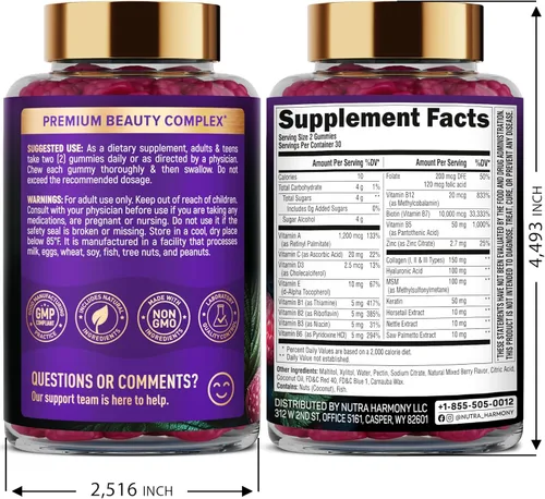 Vista 2 de Gomitas de biotina con colágeno - Soporte para el crecimiento del cabello, fortaleza de la piel y las uñas - para mujeres y hombres - Biotina 10 000