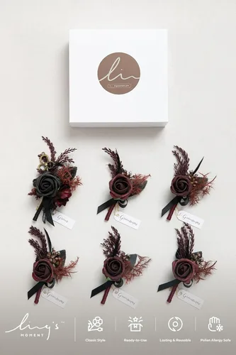 Vista 6 de Ling's Moment Boutonniere para Hombres Boda, Juego de 6, Novio y Padrinos Boutonniere para Boda Regreso a Casa Halloween Ceremonia Aniversario, Cena