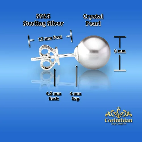 Vista 6 de Aretes de plata de ley S925 con perlas de imitación de cristal europeo genuino fino de 0.31 pulgadas para mujeres, esposa, hija, aniversario