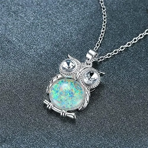 Vista 3 de Delicado collar de cadena de color plateado lindo búho redondo collar con colgante de piedra blanca y azul ópalo collar de animales para mujer