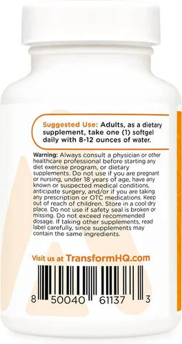 Vista 3 de TransformHQ Vitamina K2 (MK7) (100 mcg) + vitamina D3 (5000 UI) 120 cápsulas blandas, sin gluten y sin OMG