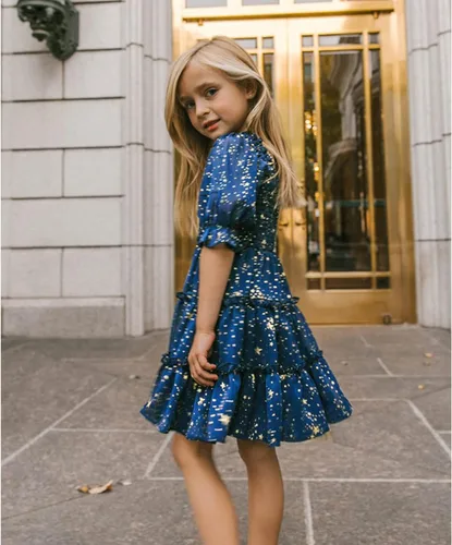 Vista 3 de Vestido floral de verano para niñas, cuello cuadrado, manga abombada, gasa midi, vestido de cabaña fruncido con volantes y espalda descubierta