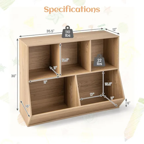 Vista 2 de KOTEK Organizador de almacenamiento de juguetes de 5 cubos, gabinete de almacenamiento de juguetes de madera, estante abierto para juguetes, Natural