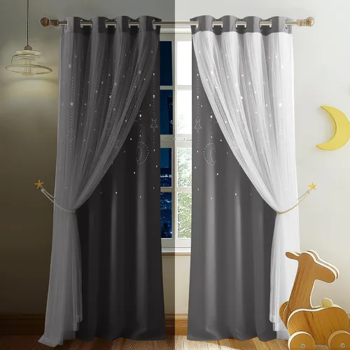 Vista 43 de NICETOWN Cortinas para Dormitorio de Niñas Infantiles con Estrellas Caladas Ventana 2 Capas Cortina 63 Pulgadas de Longitud Oscurecimiento