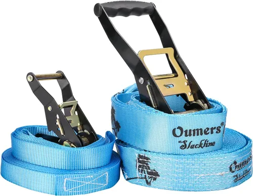 Vista 3 de Oumers Slackline Kit de regalo para principiantes con línea Blance principal de 50 pies, protector de árbol, cubierta de trinquete, bolsa