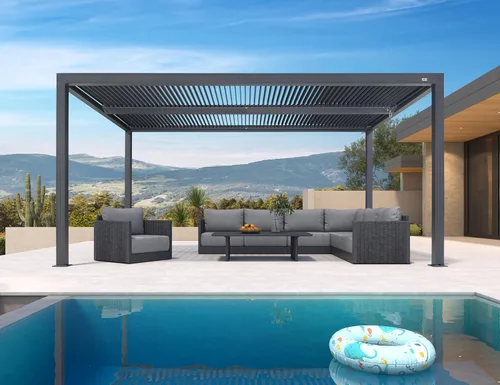 Vista 51 de PURPLE LEAF - Pérgola con listones de 10 x 12 pies, sistema de drenaje 94AS para patio, color gris Premium All-Aluminum Rustproof Build, Modern
