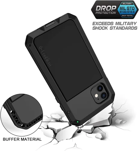 Vista 2 de Lanhiem Funda de metal para iPhone 11, resistente a los golpes, resistente a los golpes, con protector de pantalla de vidrio integrado, funda Negro
