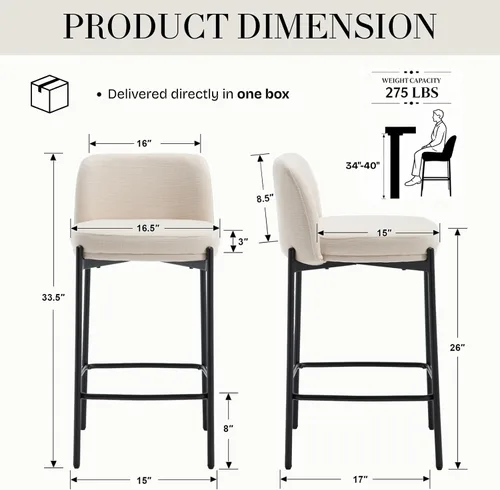 Vista 2 de 26 Inch Counter Height Bar Stools Set of 2, Modern Barstools, Beige Breathable Linen Upholstered Counter Stools, Ergonomic Backrest, Black Metal