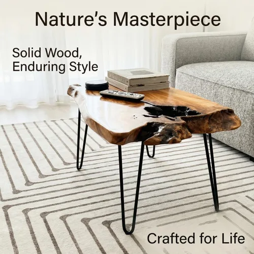 Vista 5 de Mesa de centro única de madera natural con borde vivo para sala de estar, madera maciza hecha a mano, diseño único con forma orgánica