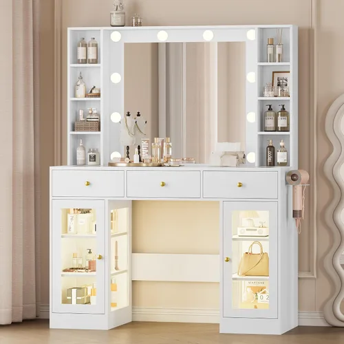 Vista 11 de Wodeer Pequeño escritorio de maquillaje con espejo y luces, tocador con armario de cristal, luces LED y toma de corriente, cajón y gabinetes