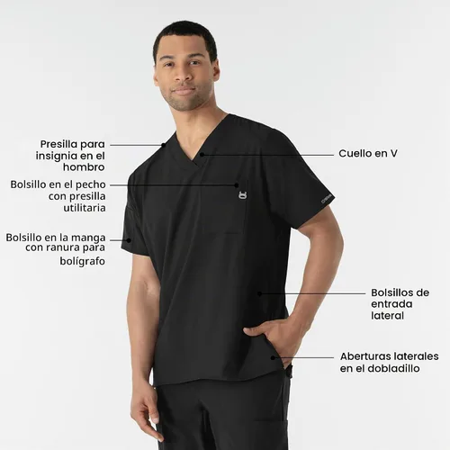 Vista 2 de WonderWink W123 6355 - Camiseta de manga corta para hombre Camiseta médica con cuello en V de 4 bolsillos, hecha para funcionar, ajustar, tela Negro