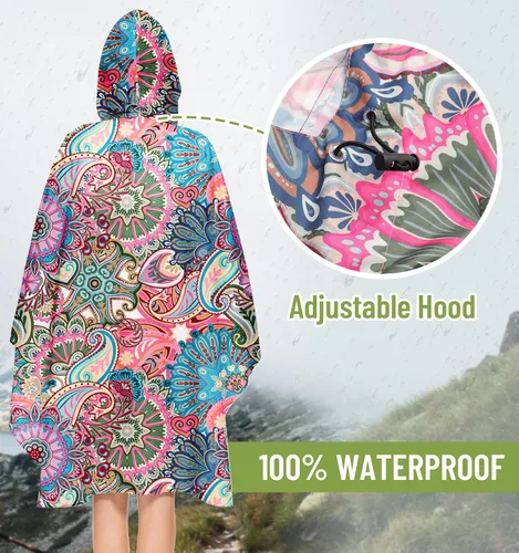 Vista 3 de SANMM Poncho de lluvia reutilizable con capucha para mujeres y adultos con bolsillos con cremallera