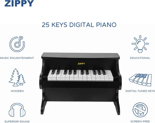 Vista 2 de Teclado de Piano para Niños ZIPPY, Piano Digital de 25 Teclas para Niños, Mini Instrumento Educativo Musical de Juguete, Juguete de Madera para Negro
