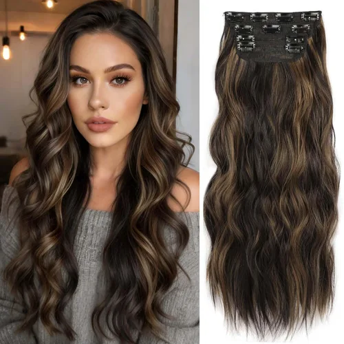 Vista 10 de 4 piezas de extensiones de cabello rizado con clip, color dorado oscuro, mezcla de rubio beige, sintético de 20 pulgadas de largo, extensiones