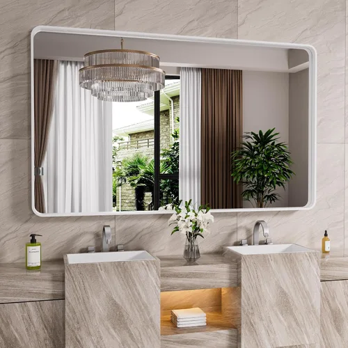 Vista 38 de JISOSO - Espejo de baño negro de 20x30 pulgadas con marco de metal negro, espejo de tocador rectangular redondeado con acabado mate para pared