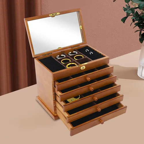 Vista 7 de Joyero organizador de 6 capas con cerradura y espejo, cajas de joyería de madera de trébol de cuatro hojas de la suerte y organizadores