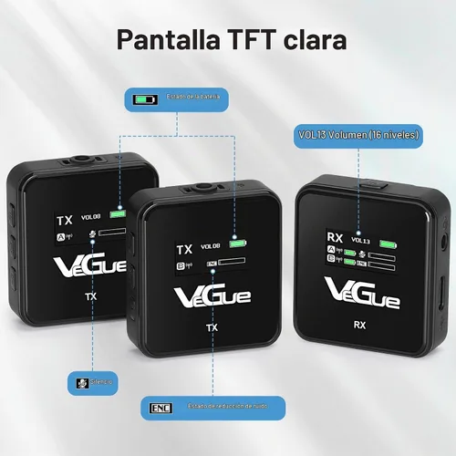 Vista 5 de VeGue Sistema de micrófono inalámbrico Lavalier, micrófono de solapa inalámbrico de doble canal de 2.4 GHz con cancelación de ruido para cámaras