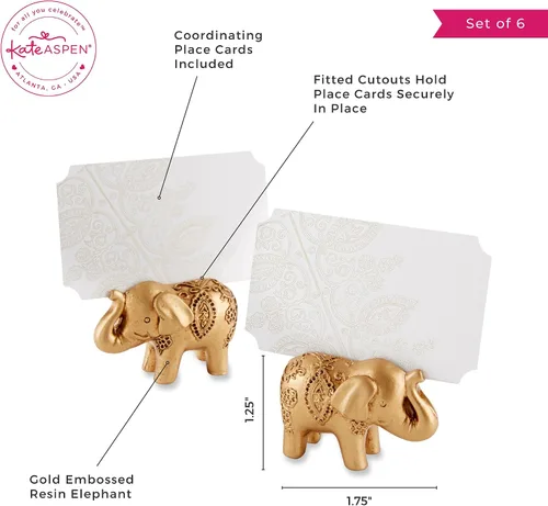 Vista 3 de Kate Aspen Lucky Golden Elephant - Portatarjetas de lugar, soportes para fotos, recuerdos de fiesta, decoraciones de boda india, tarjetas