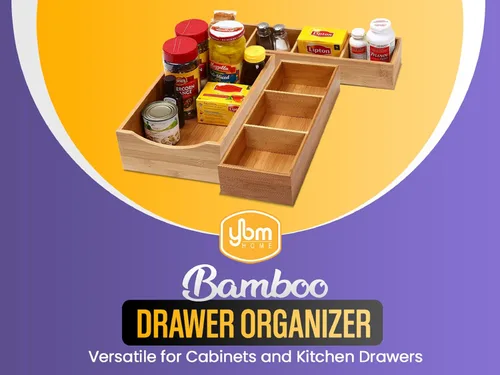 Vista 3 de YBM HOME Caja organizadora de cajones de bambú con 3 compartimentos, almacenamiento multiusos para cajón de basura, oficina, hogar, cocina