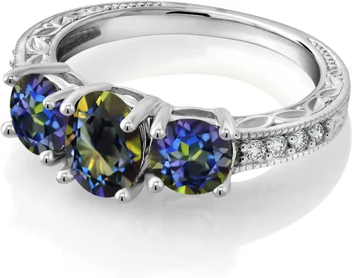 Vista 23 de Gem Stone King Anillo de compromiso de 3 piedras preciosas de oro blanco de 10 quilates con piedra natal y diamantes cultivados en laboratorio