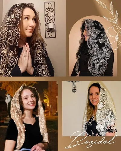 Vista 4 de Bozidol Velos de Mantilla de Capilla Católica en Triángulo - Bufanda Corta de Embroidería de Camelia para Misa Latina, Velo de Iglesia de Encaje