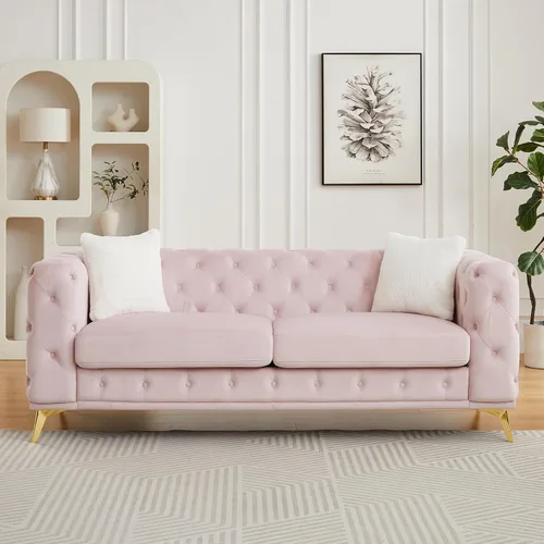 Vista 14 de KEIKI Sofá Chesterfield de terciopelo de lujo extragrande de 61 pulgadas con 2 almohadas, estilo mediados de siglo, sofá de 2 plazas con botones