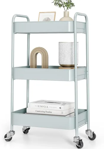 Vista 11 de TOOLF Carrito de metal de 3 niveles con ruedas, carrito organizador de almacenamiento para cocina, baño, oficina, artículos esenciales para bebés