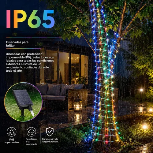 Vista 3 de Vigdur Cuerda de luces solares de 33 pies para exteriores, 100 LED, 18 luces LED que cambian de color, impermeable, con control remoto y Varios