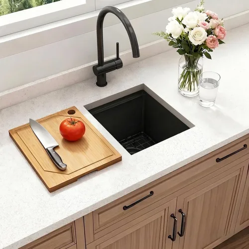 Vista 7 de Fregadero de barra de montaje inferior negro, fregadero de cocina de acero inoxidable 304S de calibre 16 con repisa de estación de trabajo