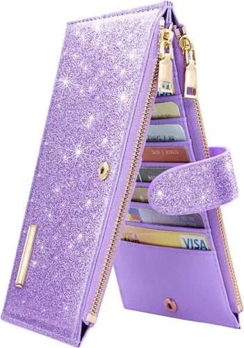 Vista 13 de Billetera de mujer con bloqueo RFID de gran capacidad, organizador multitarjetas, billetera plegable para mujer con bolsillo con cremallera