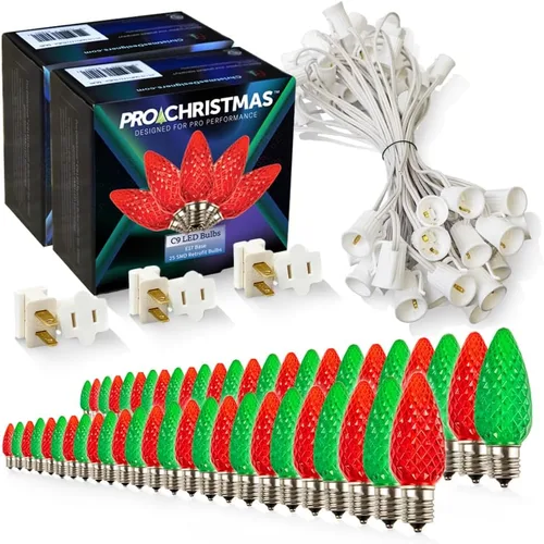 Vista 15 de Pro Christmas - Kit de luces C9 para exteriores, blanco cálido, cable verde, 50 bombillas, 50 pies