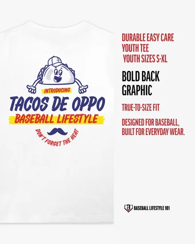 Vista 6 de Baseball Lifestyle 101 Taco - Camiseta juvenil para niños, color blanco, suave mezcla 60/40, transpirable, costuras laterales, tallas juveniles S-XL