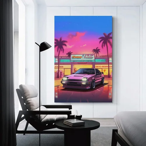 Vista 3 de Ae86 - Póster de neón Synthwave Retro JDM para automóvil, póster e impresiones de arte de pared, pintura colgante para dormitorio, aula, dormitorio