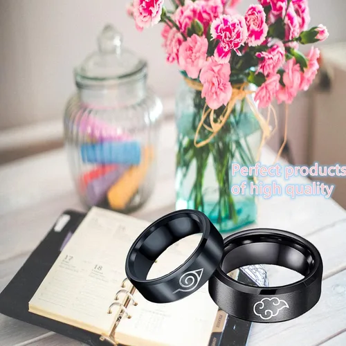 Vista 3 de Juego de 2 anillos de anime, juego de anillos de banda de acero inoxidable grabados para cosplay, anillos gruesos pulidos mate para hombres, mujeres