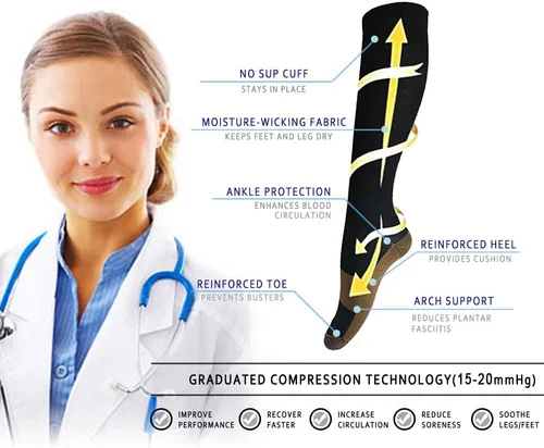 Vista 3 de Calcetines de compresión graduados de cobre, 6 pares de calcetines de compresión antifatiga hasta la rodilla para hombres y mujeres, medias de Negro