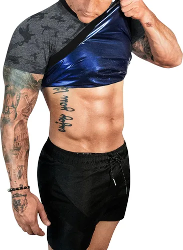 Vista 10 de FUXERT - Camisa de sauna para hombre, traje de sudor para gimnasio, ejercicio, camisa de compresión, ropa de entrenamiento moldeadora Negro/Dorado