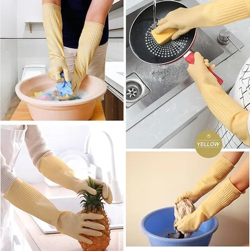 Vista 5 de 3 pares de guantes de lavado de platos, guantes de limpieza reutilizables de 15 pulgadas para tareas de cocina, baño y hogar, goma gruesa y flexible