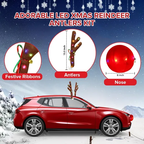 Vista 3 de Encantador adorno navideño para coche de Angooni, kit festivo de reno para coche, cuernos de reno y nariz, luces navideñas, bonito regalo