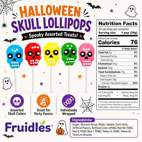 Vista 2 de 12 paletas de caramelo de calavera de Halloween envueltas individualmente de 0.71 oz