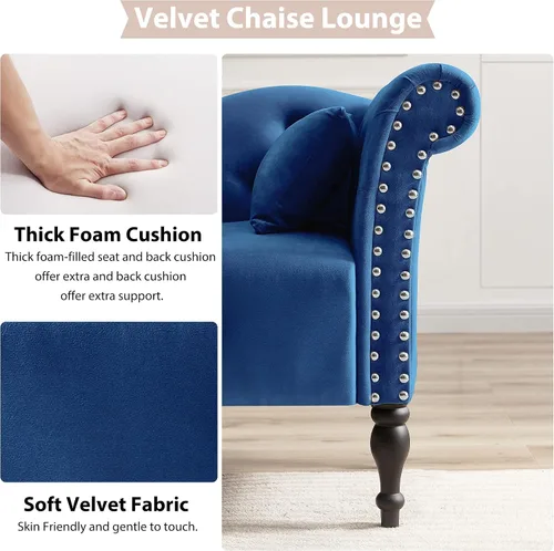 Vista 5 de Chaise Lounge - Chaise Lounge - Botones de terciopelo para interiores con almohada, decoración de cabeza de clavo con brazo enrollado
