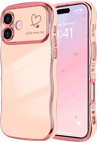 Vista 125 de LCHULLE - Funda para iPhone Air, linda para mujeres y niñas, con forma de onda, color azul bebé Luxury Plating Curly Wavy Frame with Love Heart