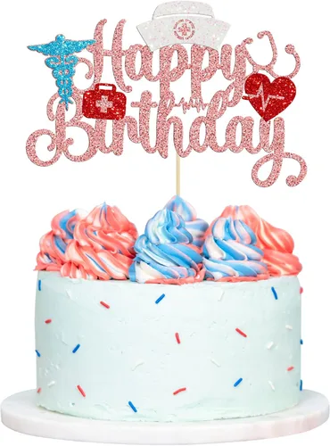 Vista 8 de Gyufise Decoración para tartas de cumpleaños con purpurina para enfermera, decoración para tartas médicas, temática de enfermería, fiesta